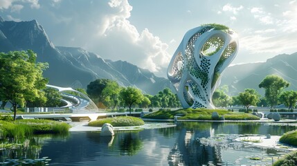 A high-tech urban park, futuristic sculptures