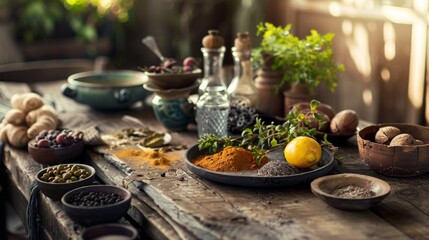 Naklejka premium Rustic kitchen scene with spices, herbs, and fresh ingredients