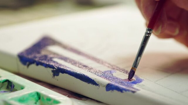 Artist painting on canvas close up 4k
