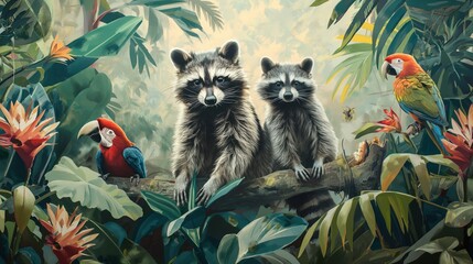 Obraz premium Vintage wallpaper of lush jungle with raccoons and colorful parrots, pastel color, oil painting style. 
