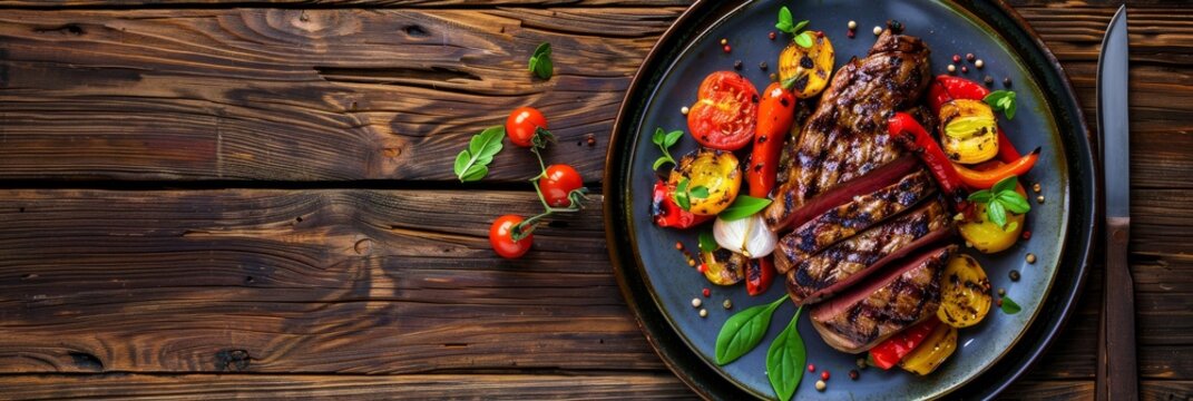 A plate of grilled steak, roasted vegetables, and herbs on a rustic wooden table, viewed from directly above