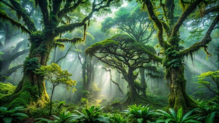 Obraz premium Dense fog envelops ancient trees, their emerald canopies glistening with dew, in a serene and mystical rainforest, teeming with exotic life and vibrant tropical beauty.