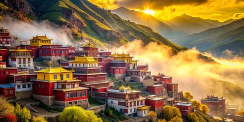 Fototapeta premium Serene mountain landscape featuring vibrant red and yellow buildings amidst misty atmosphere, conveying a sense of peacefulness and tranquility.