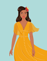 Portrait of a beautiful young woman on turquoise background. Attractive girl in a yellow dress. Brunette with retro hairdo. Avatar for social media. Bright vector illustration in flat style.