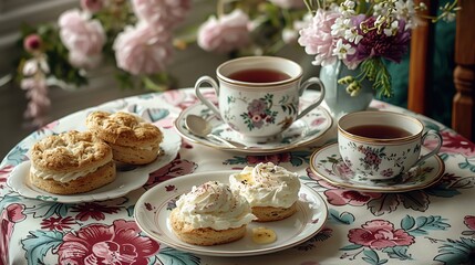 Fototapeta premium Traditional English afternoon tea set with scones, clotted cream, finger sandwiches, and a pot of tea on a floral tablecloth