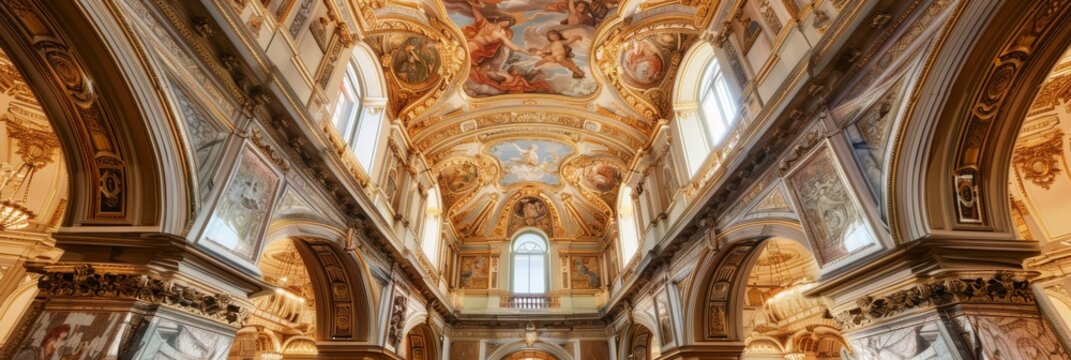 A Renaissance-style ornate ceiling with intricate frescoes and gold accents depicts classic beauty and historical elegance - Powered by Adobe