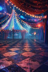 A magical carnival, with colorful tents in the background, twinkling lights, and a floor that looks like a vibrant checkerboard.