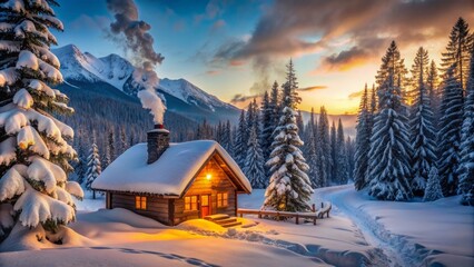 Serene winter wonderland scene featuring a secluded snow-covered cabin with puffing chimney smoke, warm interior lighting, surrounded by frosty trees and mountains.