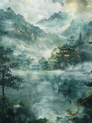 Fototapeta premium Japanese Art Print, painting of a lake, mountains and clouds, architecture paintings, serene faces, precision painting, green and gray