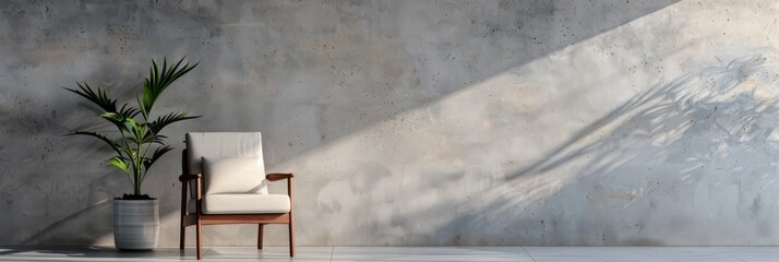 A stylish lounge chair with a white cushion sits against a minimalist grey wall. A potted plant stands nearby, adding a touch of nature to the modern interior design