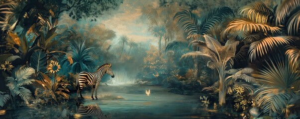 Vintage wallpaper of lush jungle with zebras and toucans, pastel color, oil painting style. 