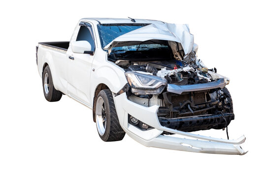 Car crash, Front and Side view of white pickup car get hard damaged by accident on the road. damaged cars after collision. isolated on transparent background. PNG File