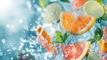 Fresh citrus fruits splashing in water, mint leaves, vibrant colors