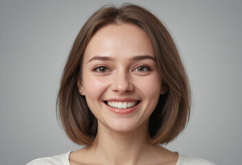Naklejka premium Portrait view of a regular happy smiling Russia woman, ultra realistic, candid, social media, avatar image, plain solid background