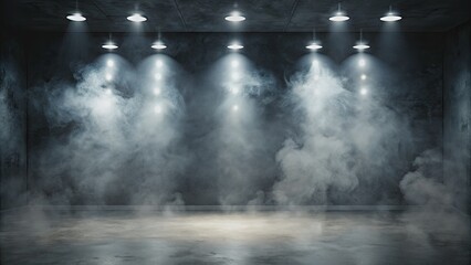 Fototapeta premium Dark asphalt grey abstract background with neon light spotlights illuminating empty concrete floor and studio room interior texture, smoke floating upwards, perfect for product display.