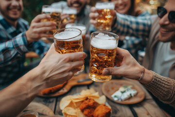 Friends toasting with beer at outdoor gathering