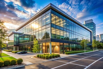 Obraz premium Modern glass and steel commercial building with sleek architecture, surrounded by lush greenery, empty parking lot, and vibrant cityscape in the background.