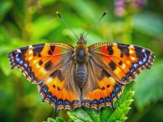 Obraz premium Vibrant orange and black big tortoiseshell butterfly rests with spread wings on a leafy green branch, showcasing intricate patterns and delicate beauty in nature.