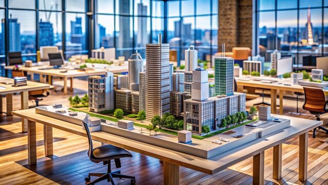 A detailed miniature scale model of a futuristic urban development on a wooden table, surrounded by blueprints, computers, and empty chairs, awaits collaboration.