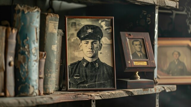 Vintage photo of male officer in uniform on rustic shelf with old books and framed portraits