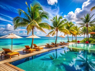 Fototapeta premium Serene luxurious beach resort overlooking turquoise ocean with infinity pool, stylish loungers, colorful umbrellas, and swaying palm trees under a brilliant blue sky.