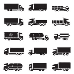 Design very stylish black pictograms that represent truck items icon set.flat. Simple. White background