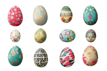 Set of multicolor Easter eggs with different texture on a transparent background. Spring holiday
