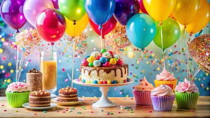 Vibrant balloons, confetti, and a beautifully set table with a delicious cake and treats signify a joyful celebration of love and togetherness.