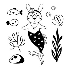 Bkack and white mermaid clipart. Cute mermaid animal clipart in cartoon flat style. Ocean clip art. Nautical Hand drawn vector illustration