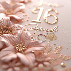 Obraz premium Sweet 16 birthday invitation card, Stylish design, Pink and gold colors, Close-up shot