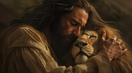 Jesus Christ gently hug a lion, closeup