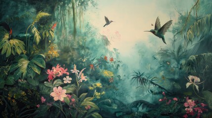 Obraz premium Vintage wallpaper of lush rainforest with pastel colors, highlighting hummingbirds and lynx in the background, oil painting. 