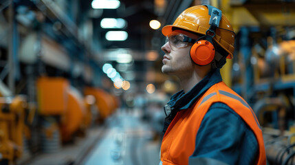Factory worker wearing protective gear, including helmet and ear protection, focused on tasks in a manufacturing environment.