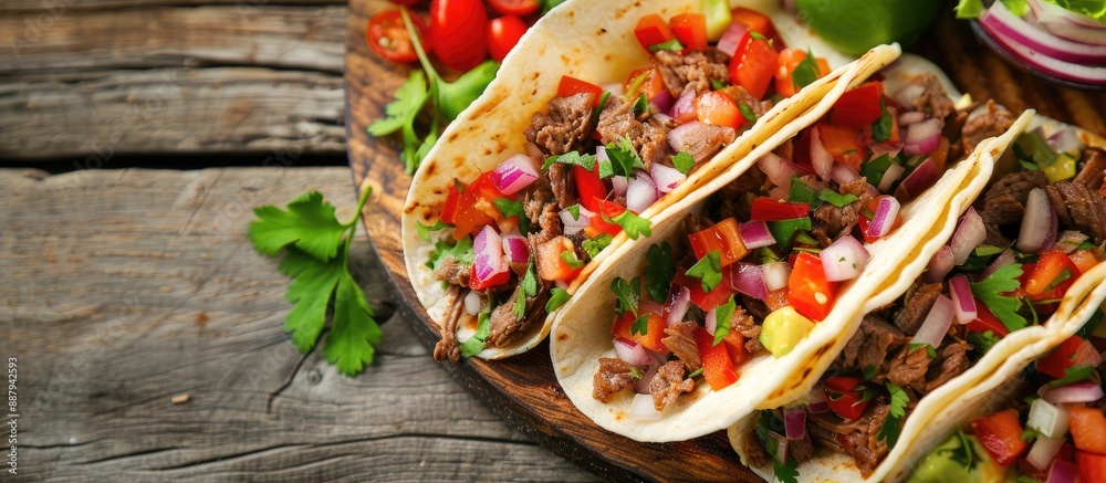 Wall mural Traditional Mexican taco with beef vegetables and sauce presented on a wooden background with copy space image featuring tortillas burritos and rolled sandwiches