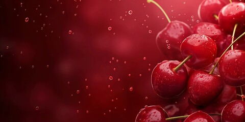 Fresh cherries with water droplets and red background. Symbolizing freshness and vitality, ideal for food-related content, health articles, and advertisements.