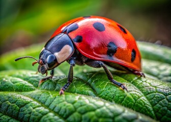 Fototapeta premium Vibrant red and black ladybug perches on a lush green leaf, its delicate wings and intricate details showcased in a stunning macro nature shot.