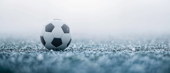 Naklejka premium Intense play on a mysterious, foggy field with a soccer ball