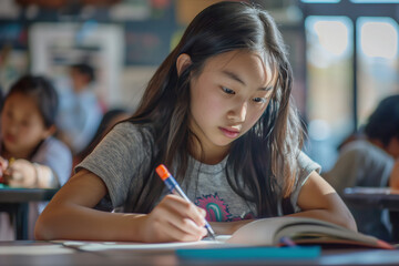 Young girl focused on writing in a busy classroom