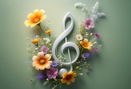 abstract musical background with musical treble clef and flowers