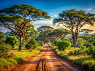 Fototapeta premium A serene, winding dirt road disappears into the vibrant greenery of African wilderness, flanked by diverse flora and towering trees under a clear blue sky.