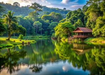 Obraz premium Serene wildlife sanctuary nestled among lush green forests and sparkling waters, providing a tranquil refuge for endangered animals to roam freely and thrive.