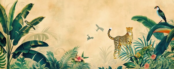 Vintage wallpaper of rainforest with cheetahs and exotic birds, pastel color, oil painting style. 