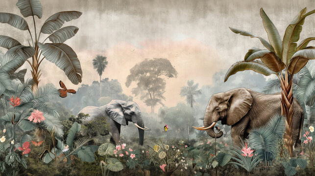 Vintage wallpaper of rainforest with elephants and exotic birds, pastel color, oil painting style. 