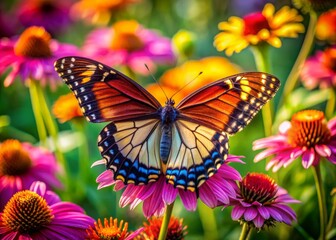 Fototapeta premium Vibrant butterfly with intricate wings rests on delicate petals of a colorful flower in a serene summer garden surrounded by lush green foliage.