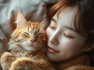 Young woman wears warm sweater resting with tabby cat on sofa