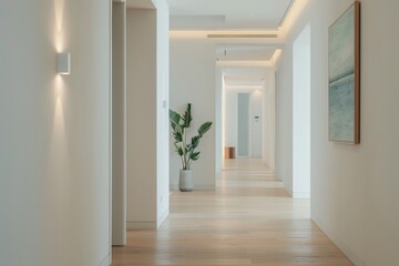 Obraz premium Serene Elegance: Minimalistic Wall Art Adorning an Elegant Hallway with Soft Indirect Lighting