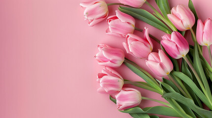 Obraz premium Beautiful composition spring flowers. Bouquet of pink tulips flowers on pastel pink background. Valentine's Day, Easter, Birthday, Happy Women's Day, Mother's Day. Flat lay, top view, copy space