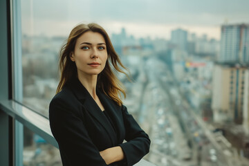 Young business woman set against an urban background. Natural beauty, lifestyles and business.