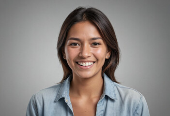 Fototapeta premium Portrait view of a regular happy smiling Bolivia woman, ultra realistic, candid, social media, avatar image, plain solid background