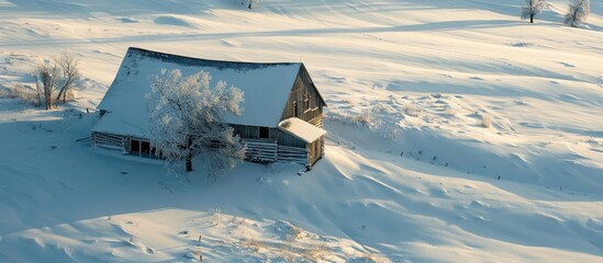 The winter sun casts distinct shadows on the snowy fields around the isolated old barn house providing the perfect backdrop for a copy space image